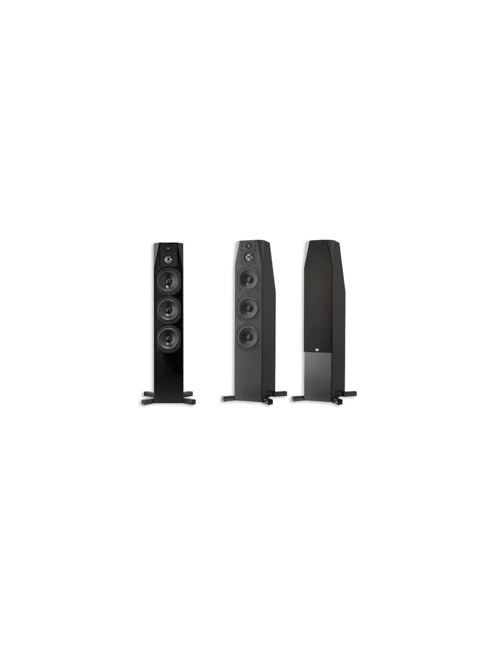 NHT floorstanding loudspeakers in gloss black, three-angle view with speaker drivers