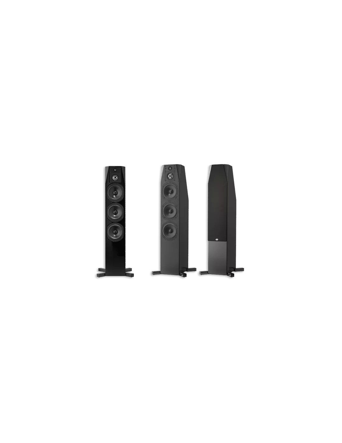 NHT floorstanding loudspeakers in gloss black, three-angle view with speaker drivers