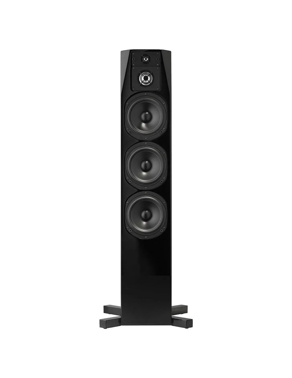 Gloss black floorstanding loudspeaker with three woofers and central tweeter