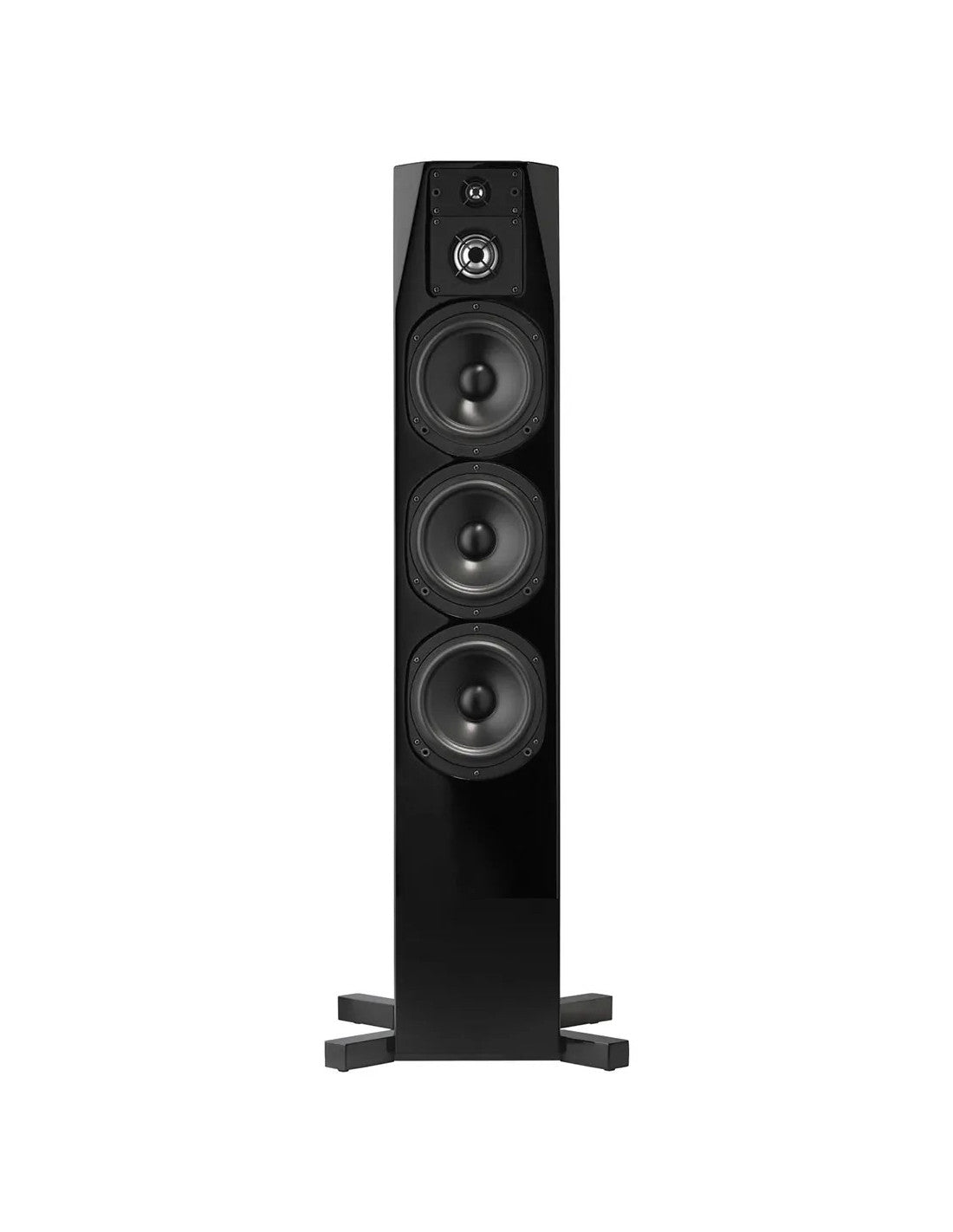 Gloss black floorstanding loudspeaker with three woofers and central tweeter
