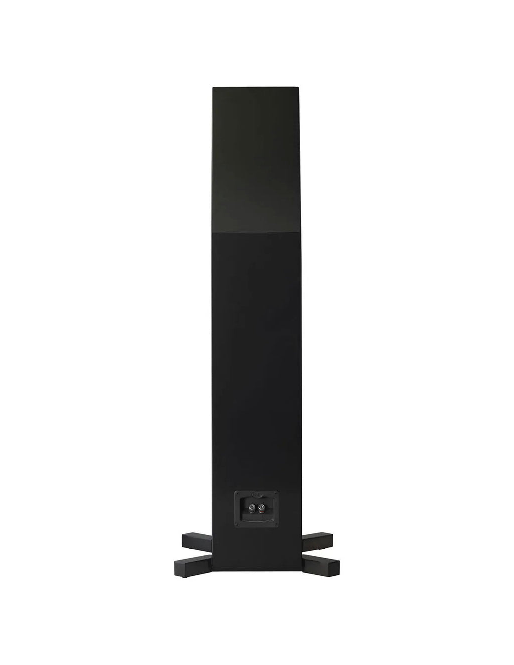 Gloss black floorstanding loudspeaker rear with input terminals and binding posts