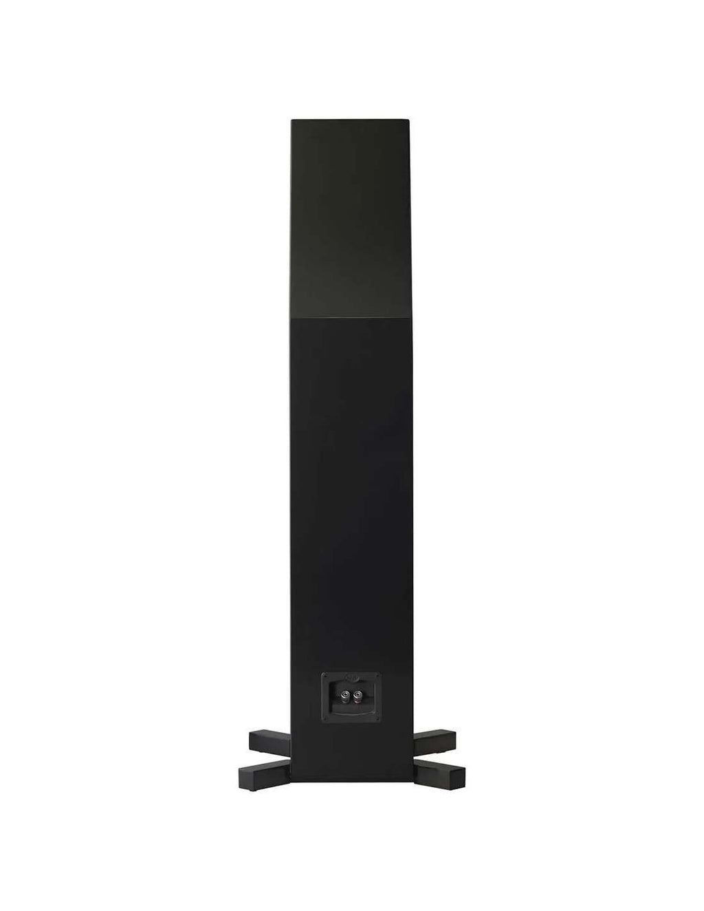 Gloss black NHT C4 floorstanding loudspeaker rear with input terminals and binding posts