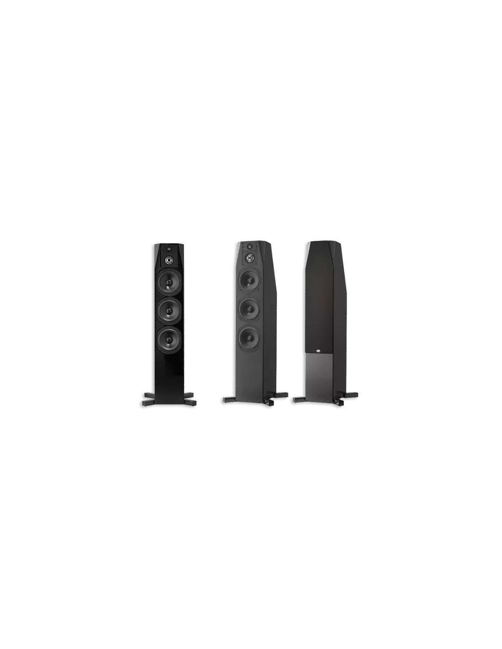 NHT floorstanding loudspeakers in gloss black, three-angle view with speaker drivers