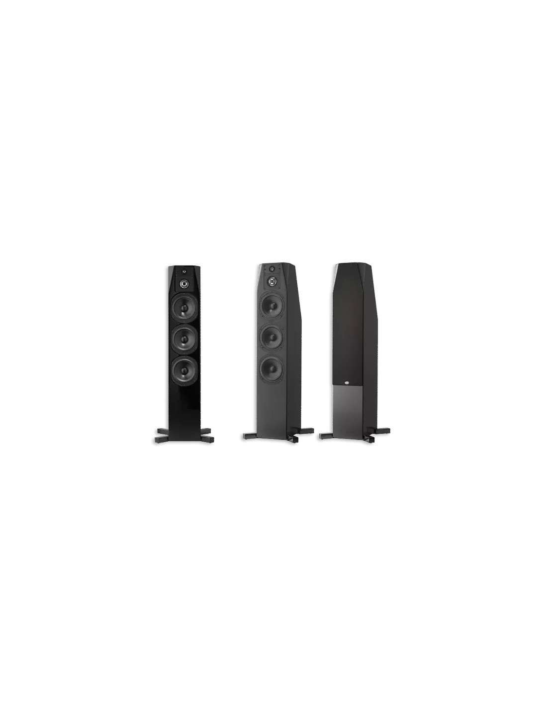 NHT floorstanding loudspeakers in gloss black, three-angle view with speaker drivers