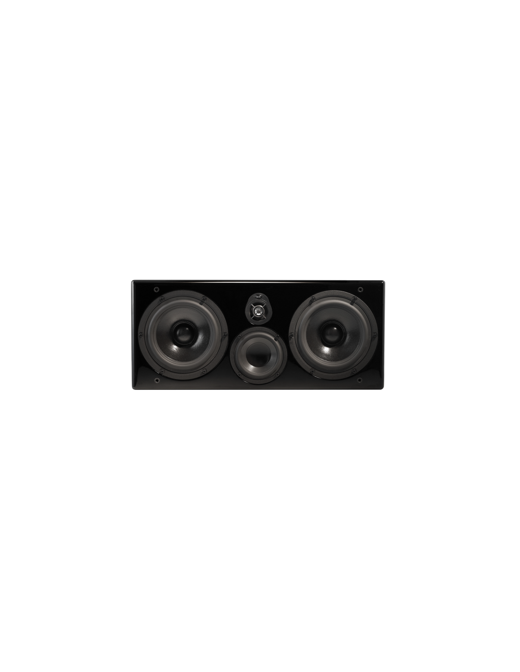 Black center speaker front view with two large woofers and center mid driver