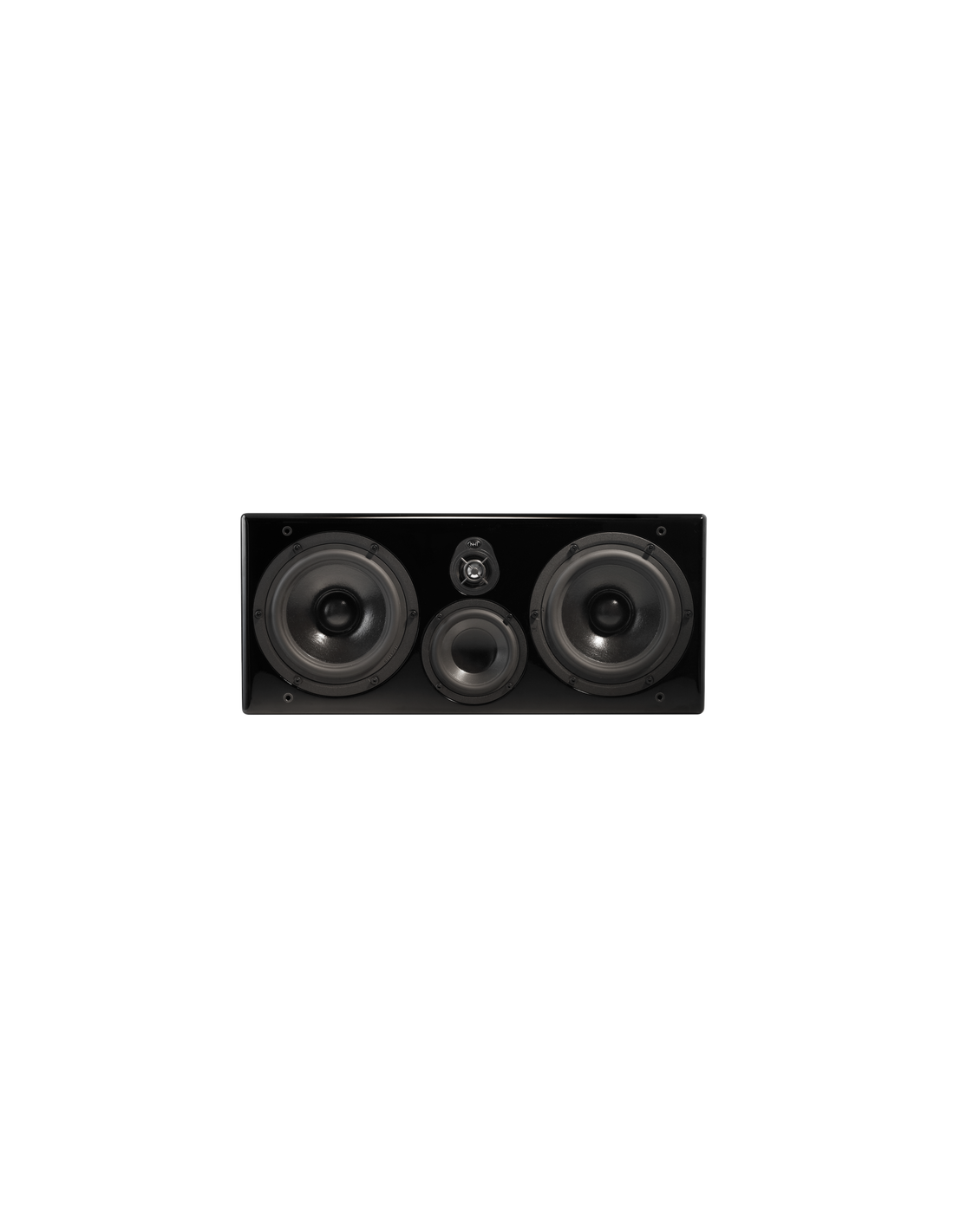 Black center speaker front view with two large woofers and center mid driver