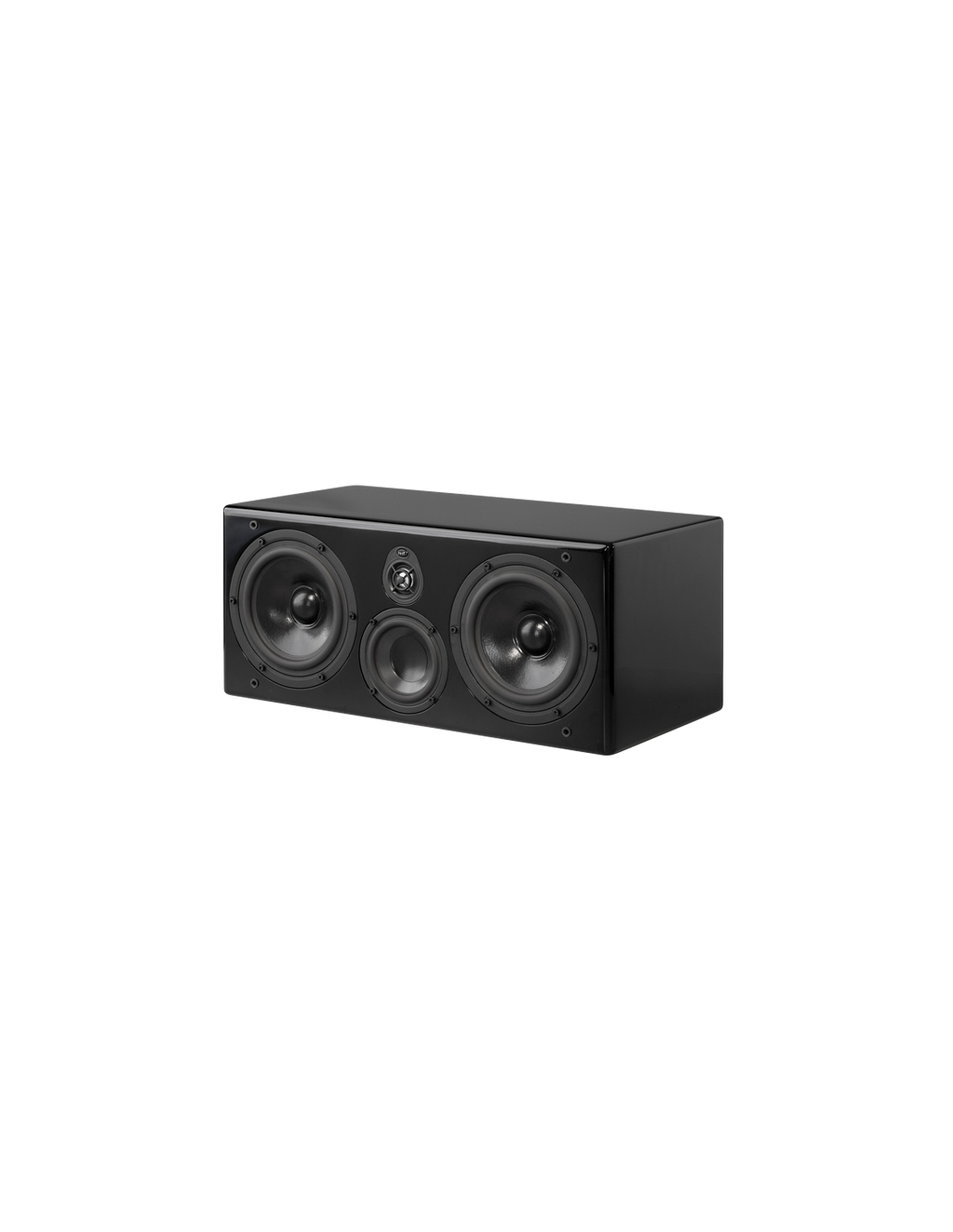 Black center speaker angled view with two side woofers and front tweeter
