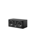 Black center speaker angled view with two side woofers and front tweeter