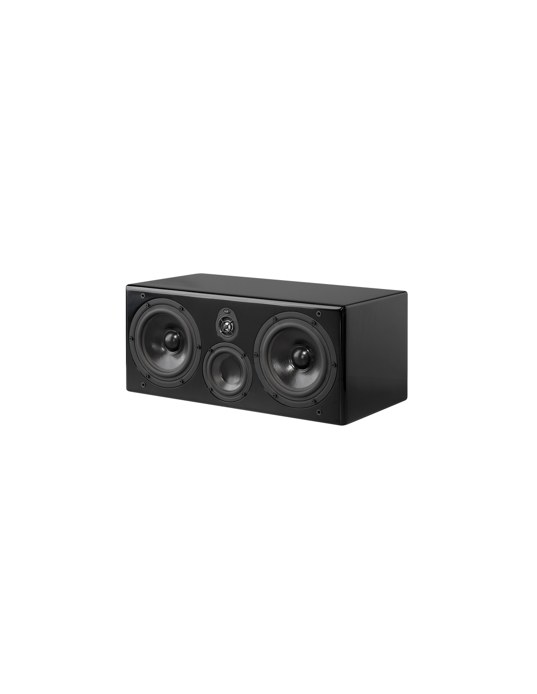 Black center speaker angled view with two side woofers and front tweeter