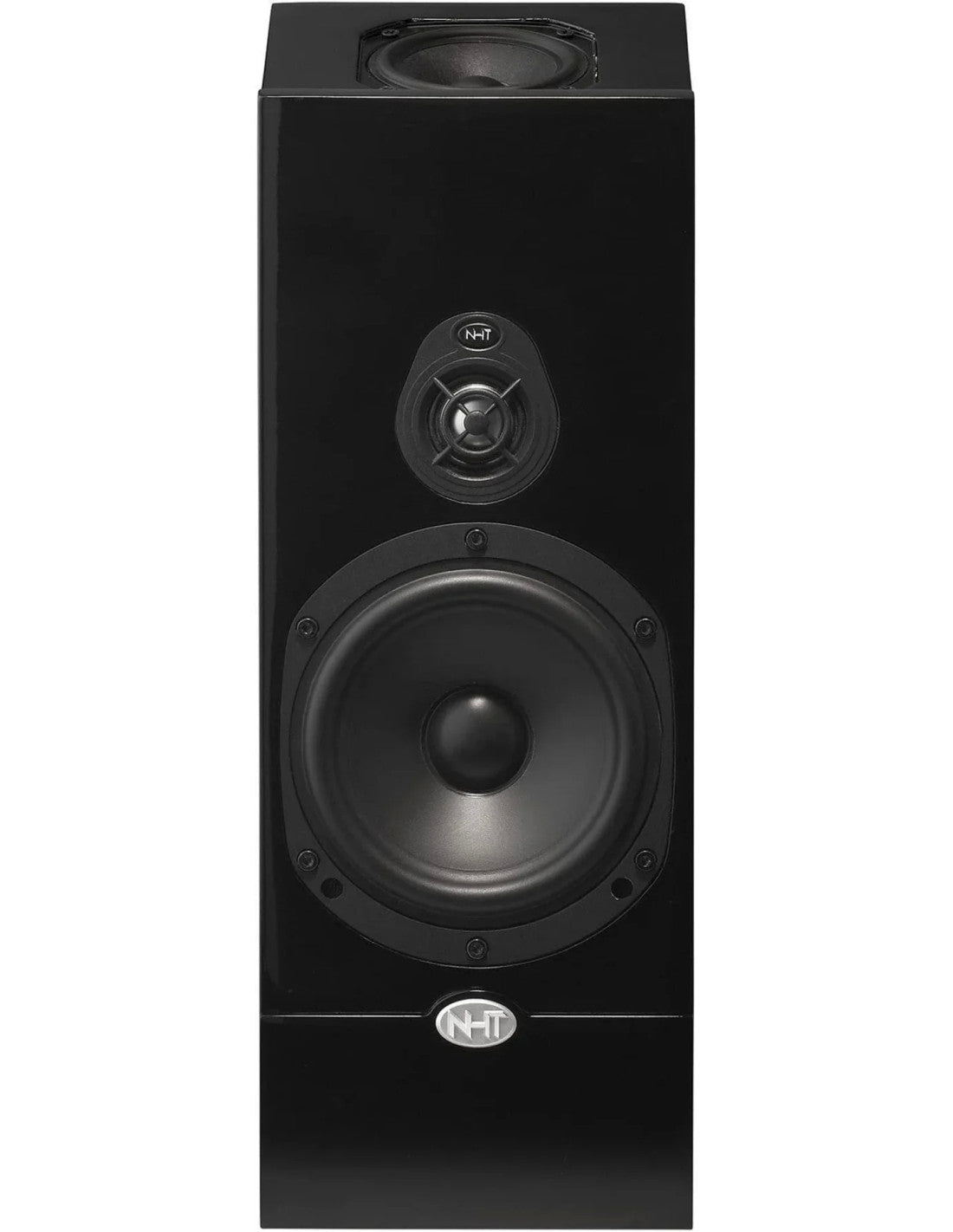 Black satellite speaker front with woofer, tweeter, and NHT logo badge
