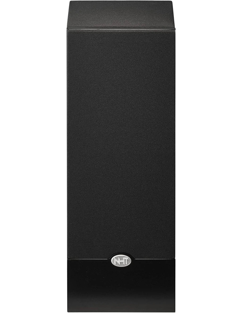 Black satellite speaker back panel with NHT badge near bottom