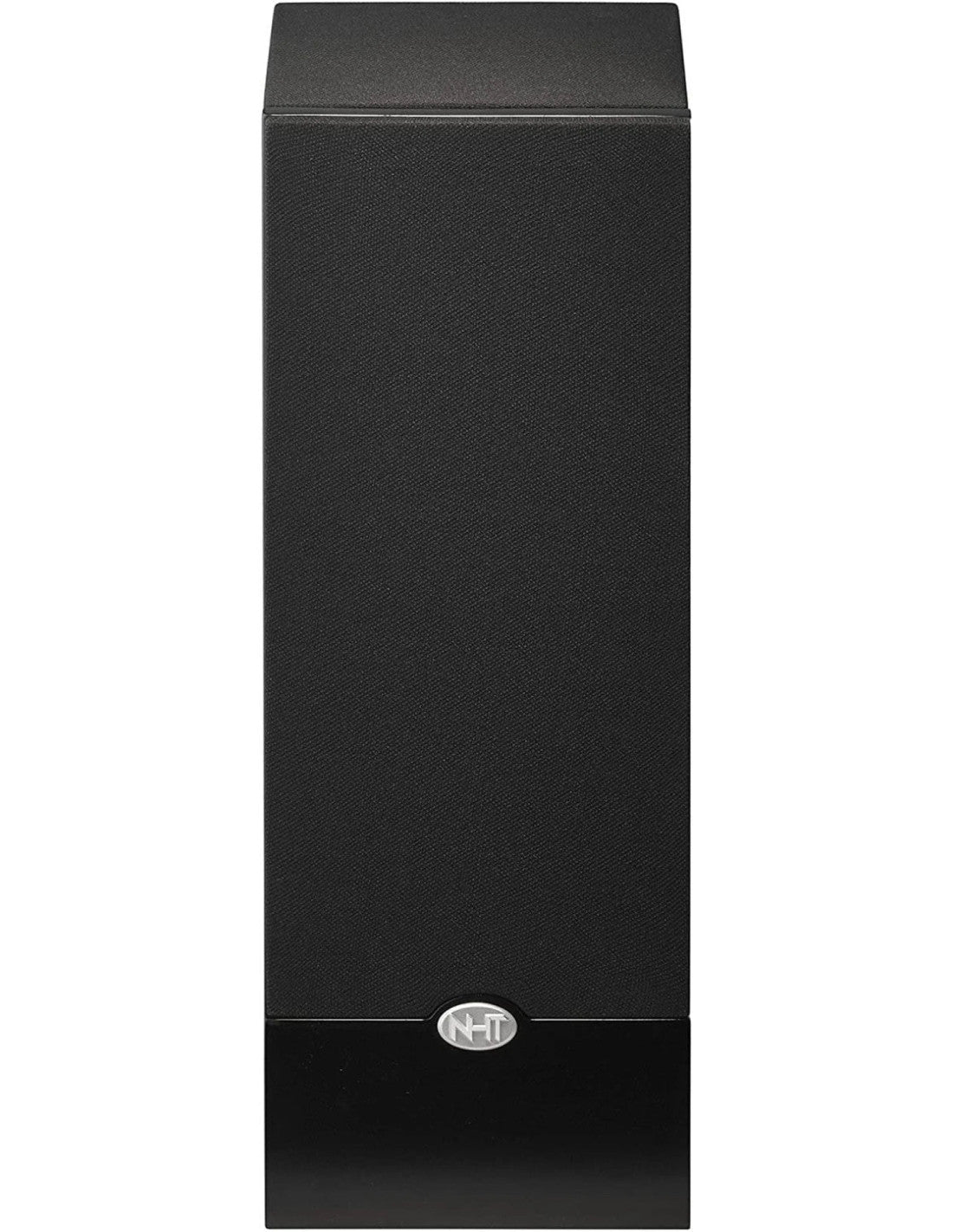 Black satellite speaker back panel with NHT badge near bottom