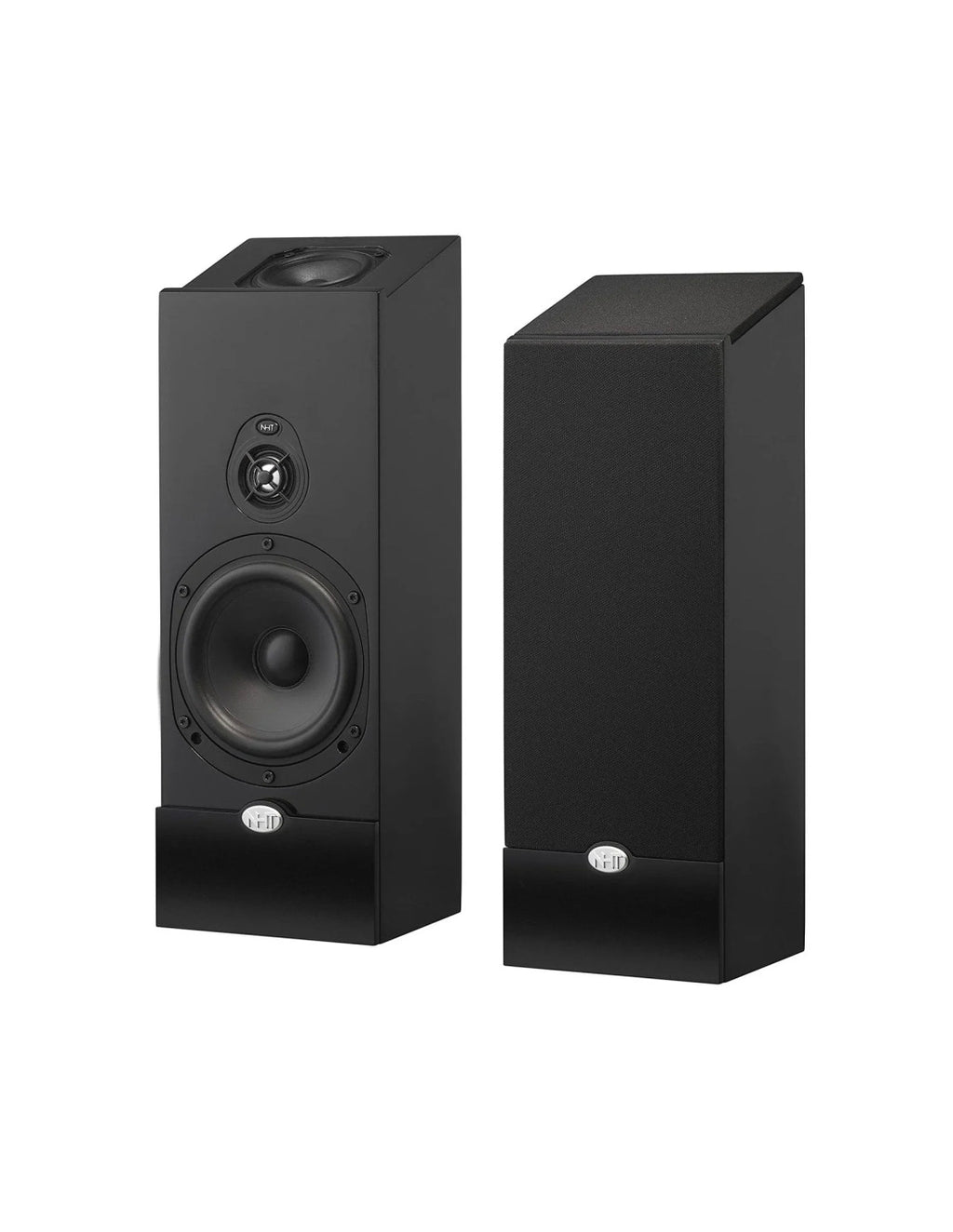 Two black satellite speakers showing front drivers and side panel