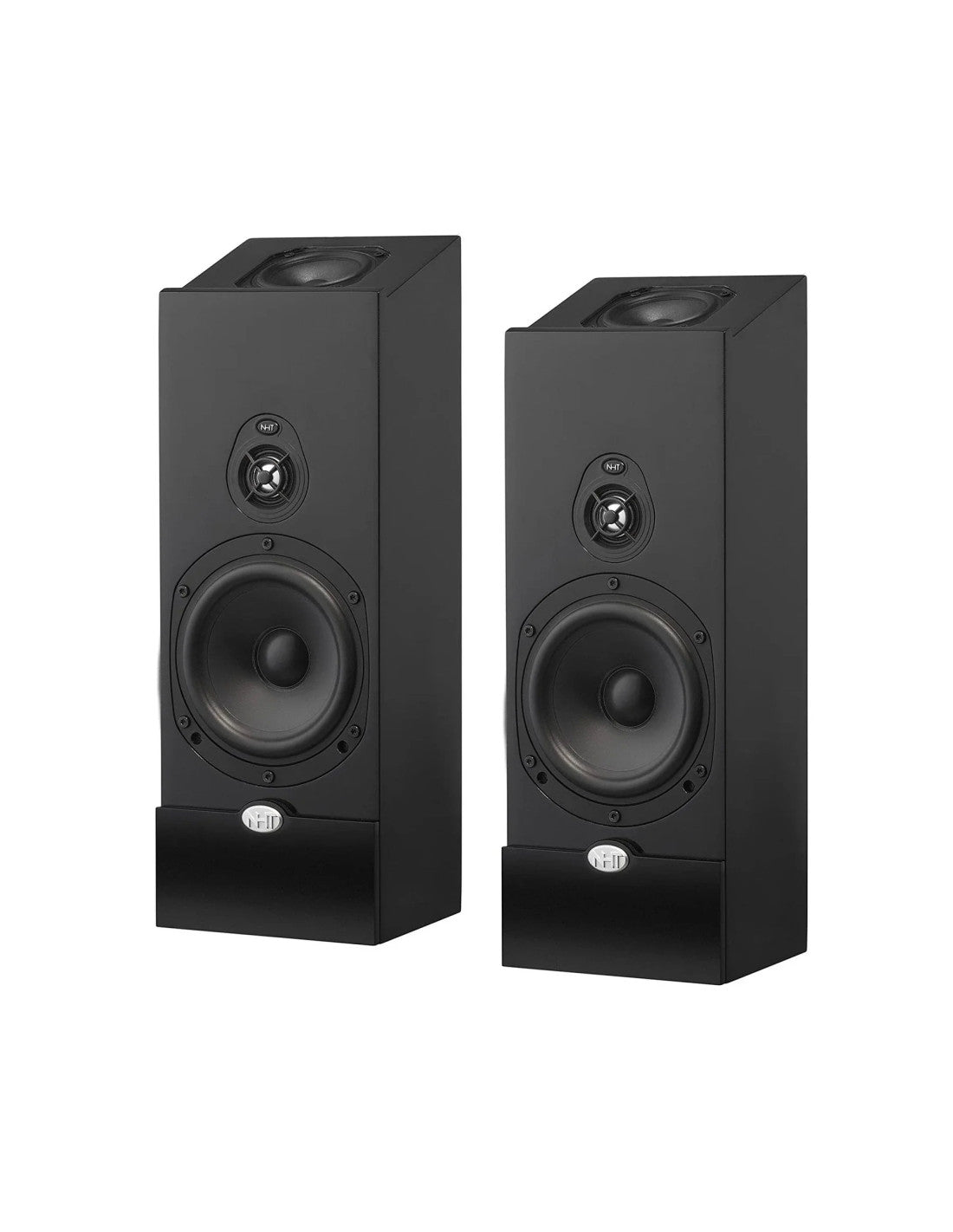 Two black satellite speakers side by side, each with woofer and tweeter