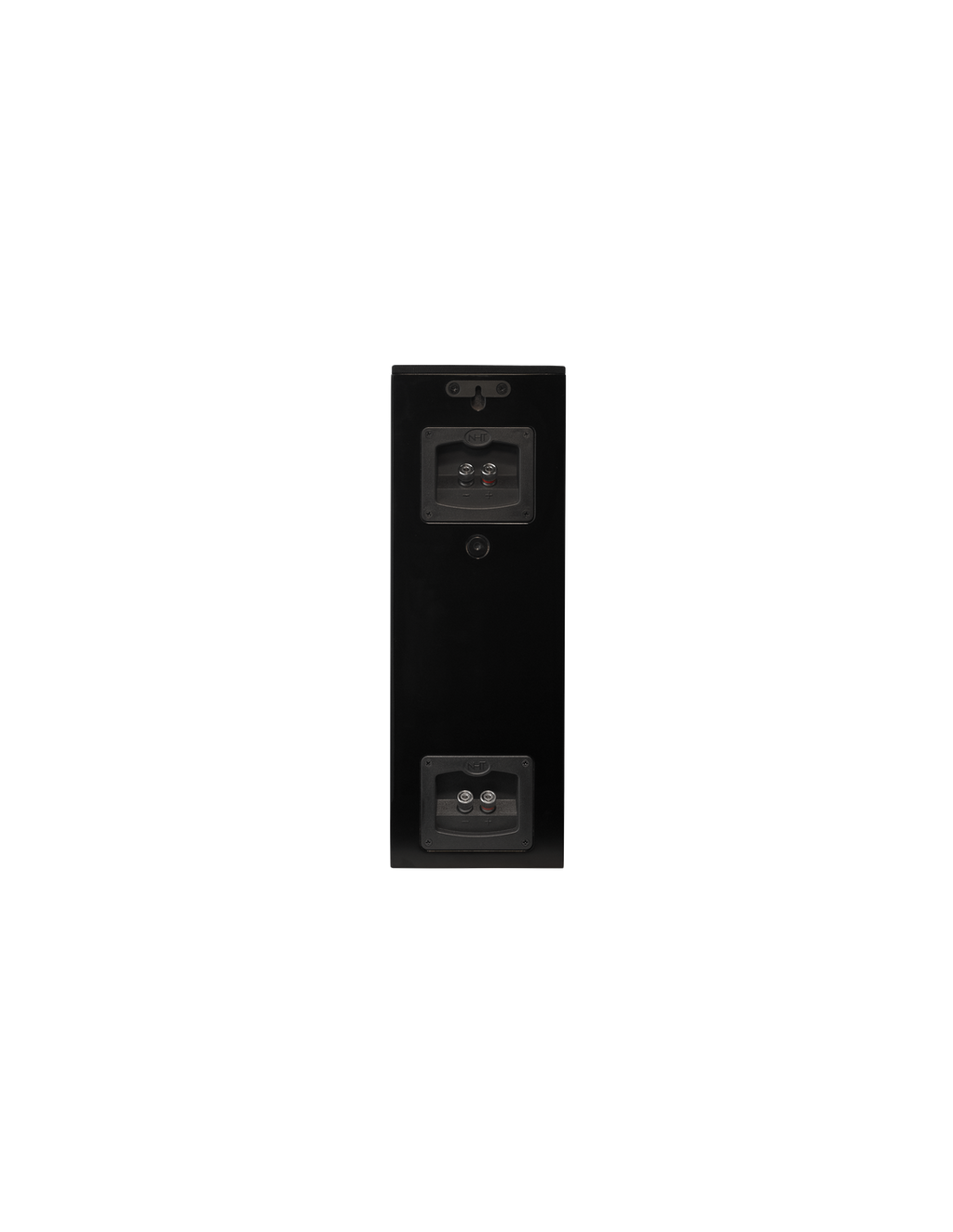 Black satellite speaker with dual front drivers and tweeter grille