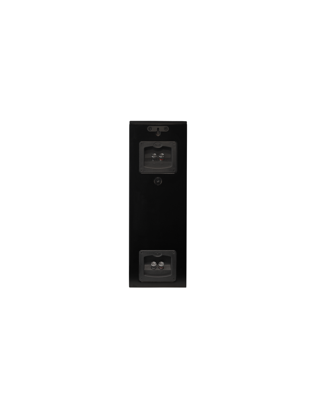Black satellite speaker with dual front drivers and tweeter grille