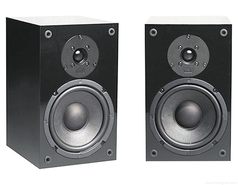 Two black NHT superones bookshelf speakers with silver-gray drivers, shown side by side against a plain white background.