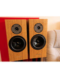 Dark oak speaker cabinet pair with black tweeters and woofers