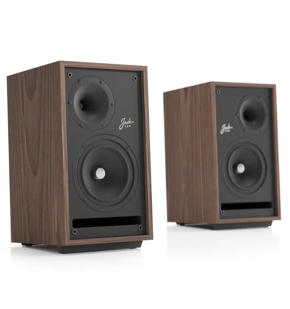 Natural wood speaker cabinet with dual front drivers in a dark baffle