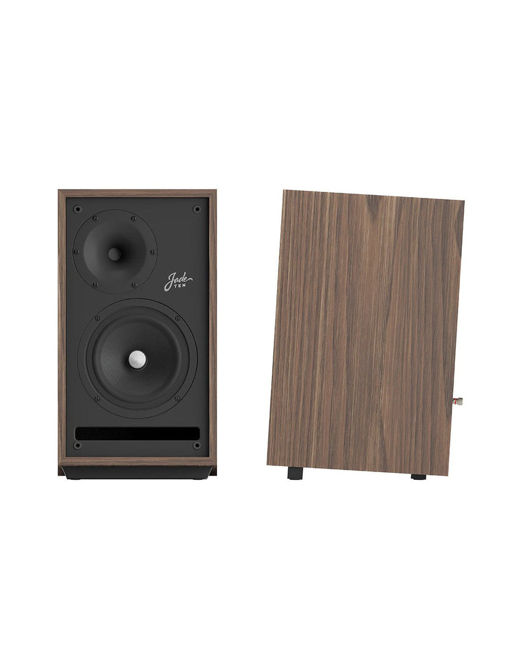 Natural wood speaker with dual front drivers and dark black baffle panel