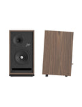 Natural wood speaker with dual front drivers and dark black baffle panel