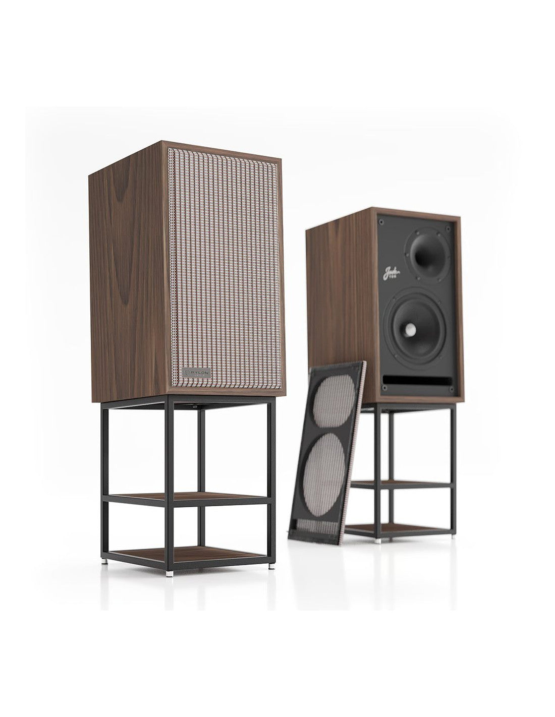 Natural wood speaker on black stand with mesh grille and dual front drivers