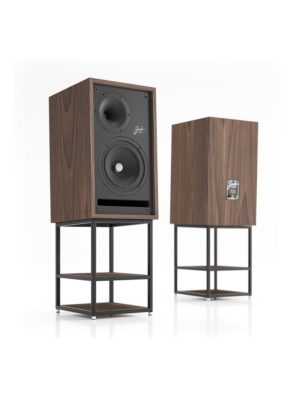 Natural wood speaker on black metal stand, front dual drivers and rear badge