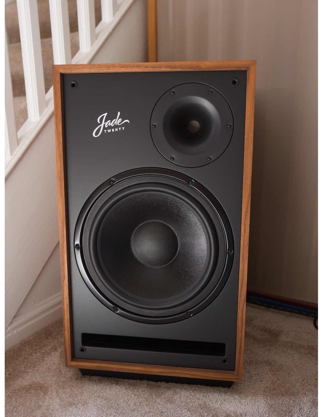 Pylon Jade Infinity speaker front view with woofers and tweeter on dark baffle