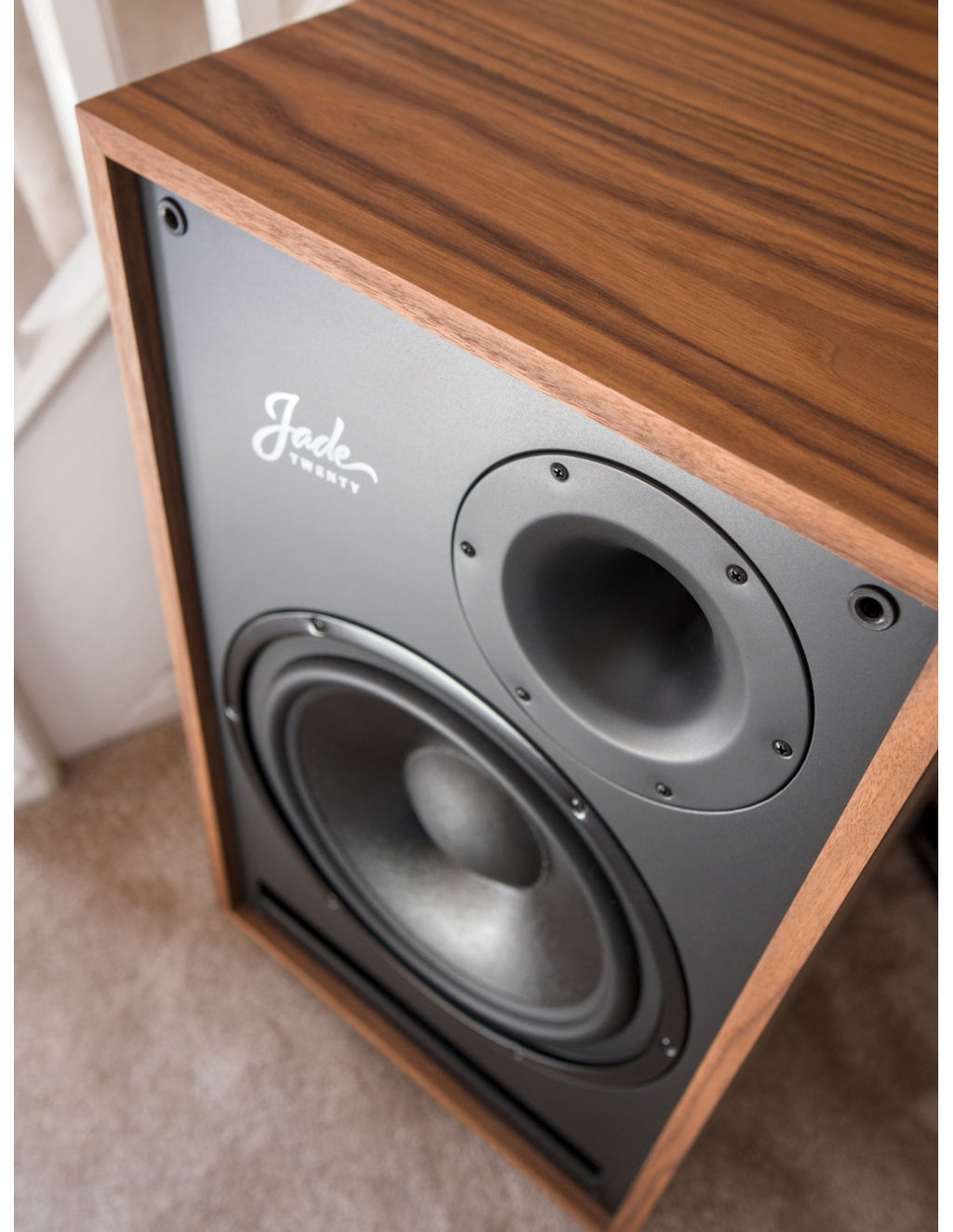Pylon Jade Infinity speaker close-up of woofer and tweeter in wood frame