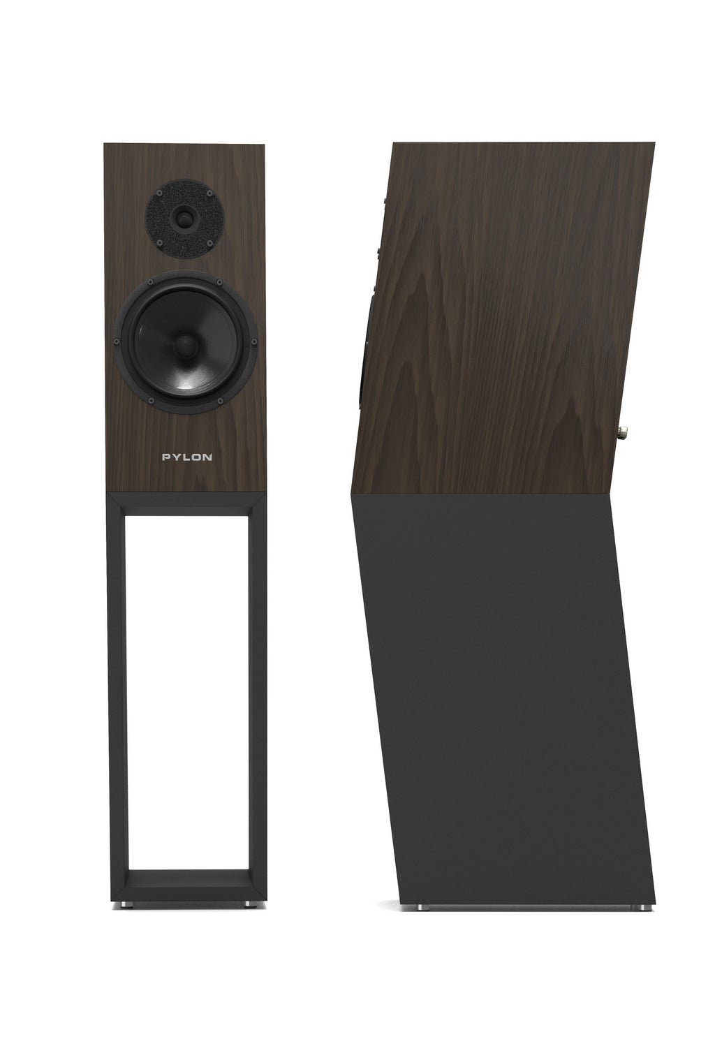 Standmount loudspeaker, dark wood veneer cabinet with black woofer and top tweeter
