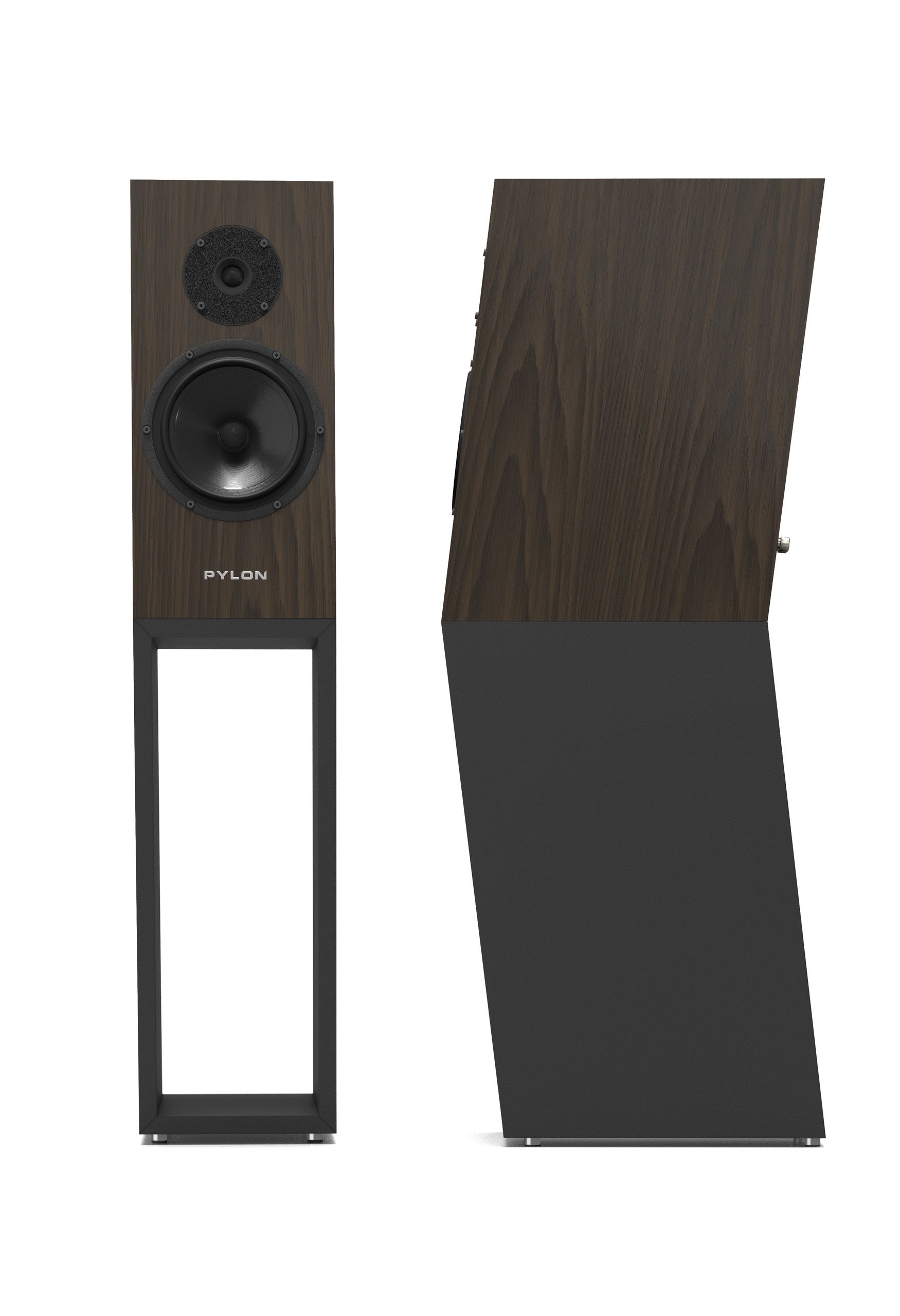 Standmount loudspeaker, dark wood veneer cabinet with black woofer and top tweeter