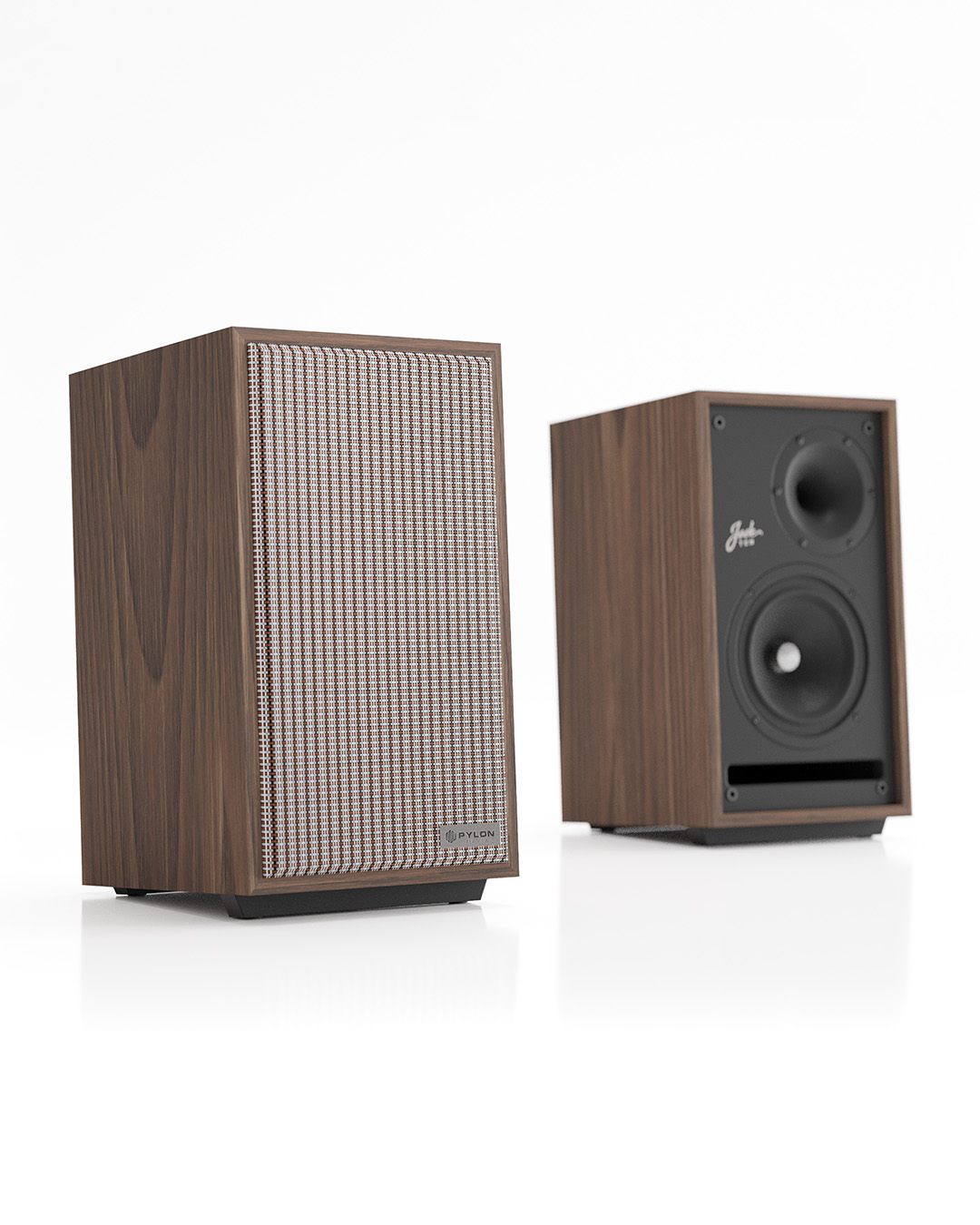 Natural wood speaker with front mesh grille panel and dual drivers