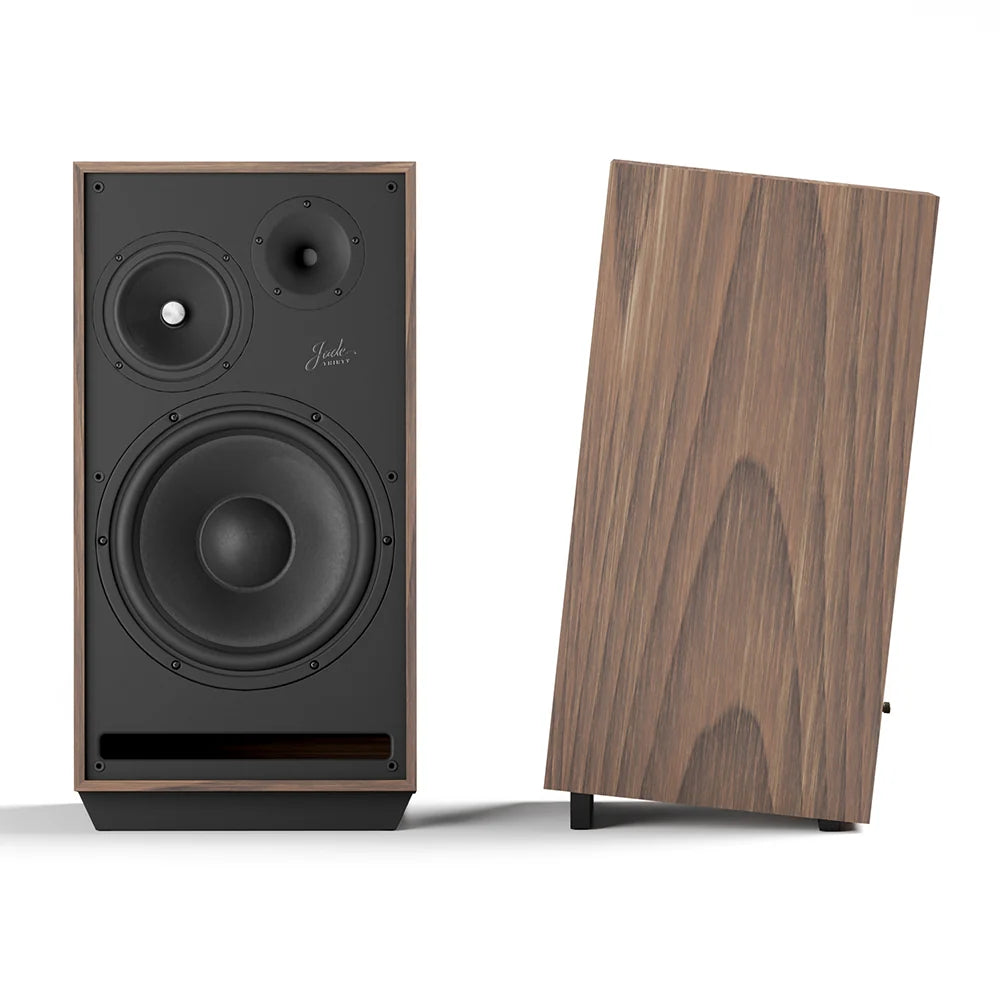 American walnut floorstanding loudspeaker with black front driver array