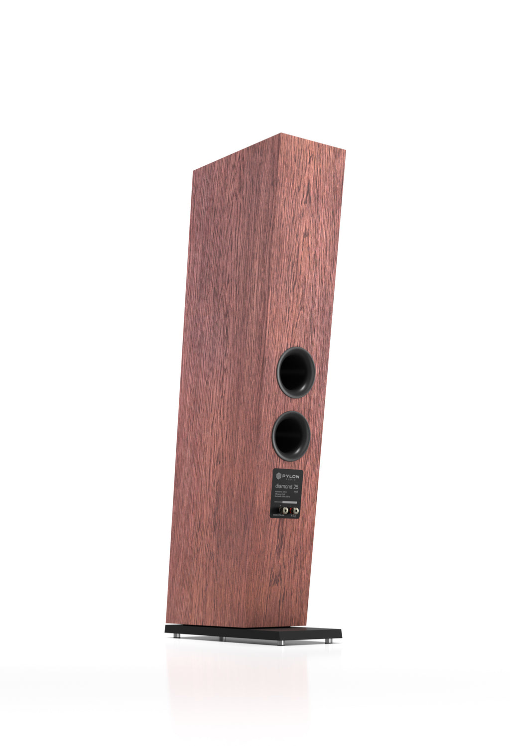 Cherry coral wood floorstanding loudspeaker with two front circular openings and badge