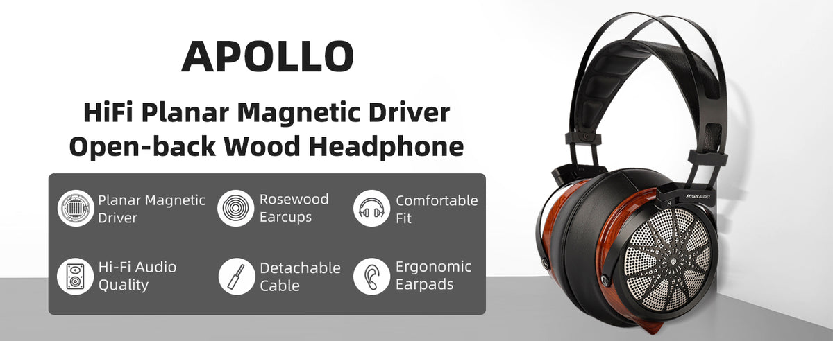 sendy Apollo open-back wood over-ear headphones shown on a light gray background with product text and feature icons. The headphones are black with warm brown wood-grain side panels and a silver mesh grille.