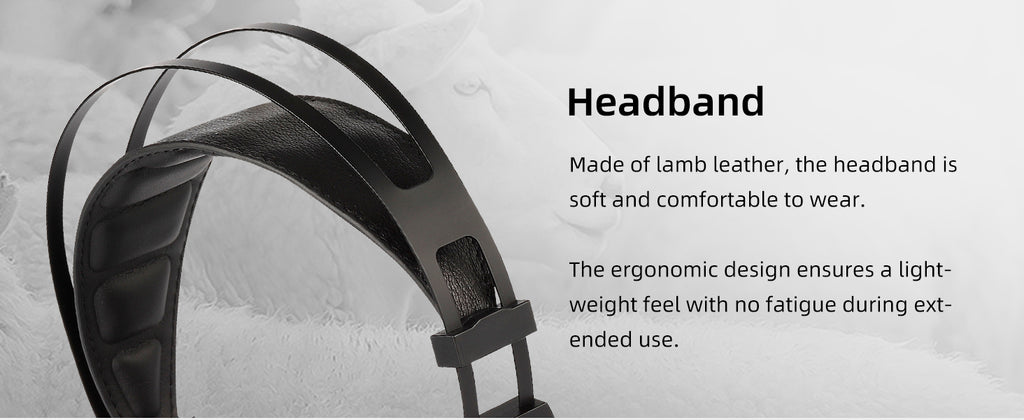 Black leather headband shown on a light gray background with descriptive text on the right side detailing its soft, ergonomic design made of lamb leather.