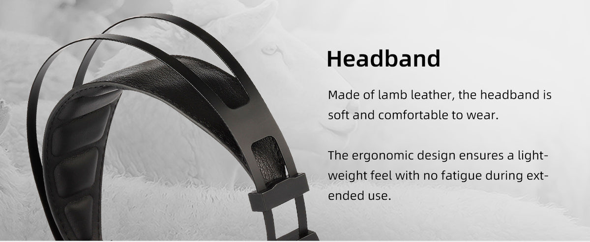 Black leather headband shown on a light gray background with descriptive text on the right side detailing its soft, ergonomic design made of lamb leather.