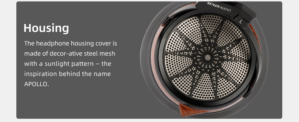 A close-up product detail shot of a round headphone housing cover with a decorative steel mesh pattern, shown on a dark gray background with descriptive text on the left.