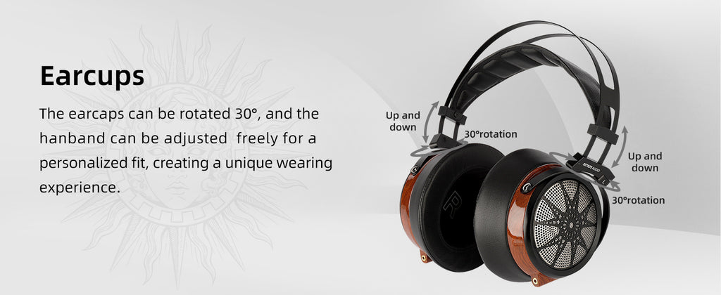 A pair of over-ear headphones with black earcups, metallic bronze side accents, and black adjustable headbands, shown on a light gray background with explanatory text and callout labels for rotation and up/down adjustment.