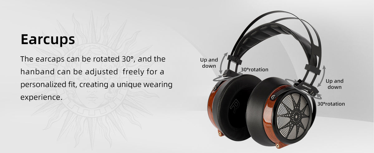 A pair of over-ear headphones with black earcups, metallic bronze side accents, and black adjustable headbands, shown on a light gray background with explanatory text and callout labels for rotation and up/down adjustment.