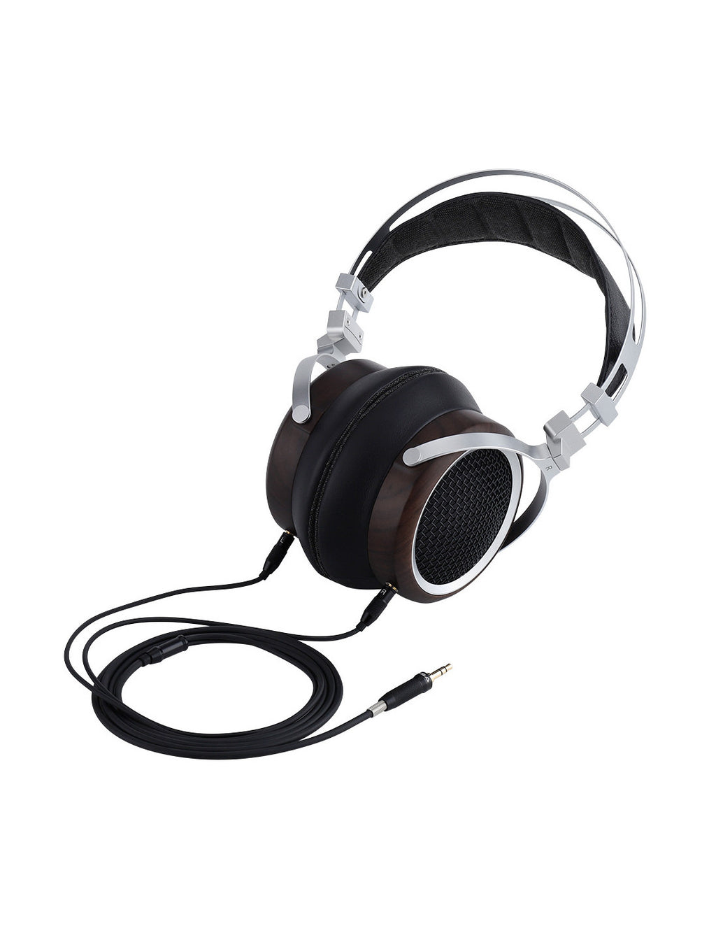 Sivga Luan headphones Over-ear wired headphones with dark brown wood-look ear cups, black padding, and silver metal headband supports, shown on a plain white background.