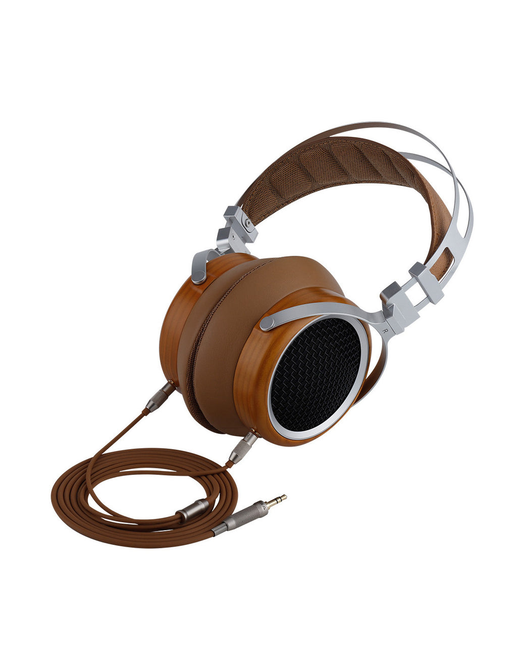 Sivga Luan Over-ear headphones with brown leather-look earcups and headband padding, silver metal headband supports, and a brown audio cable, shown on a plain white background.