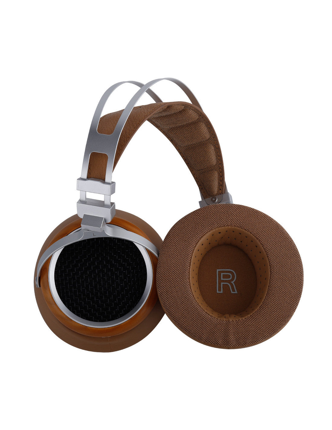 Sivga Luan Headphones Over-ear headphones with brown fabric ear cushions and headband padding, silver metal headband structure, and black speaker grilles, shown on a plain white background.