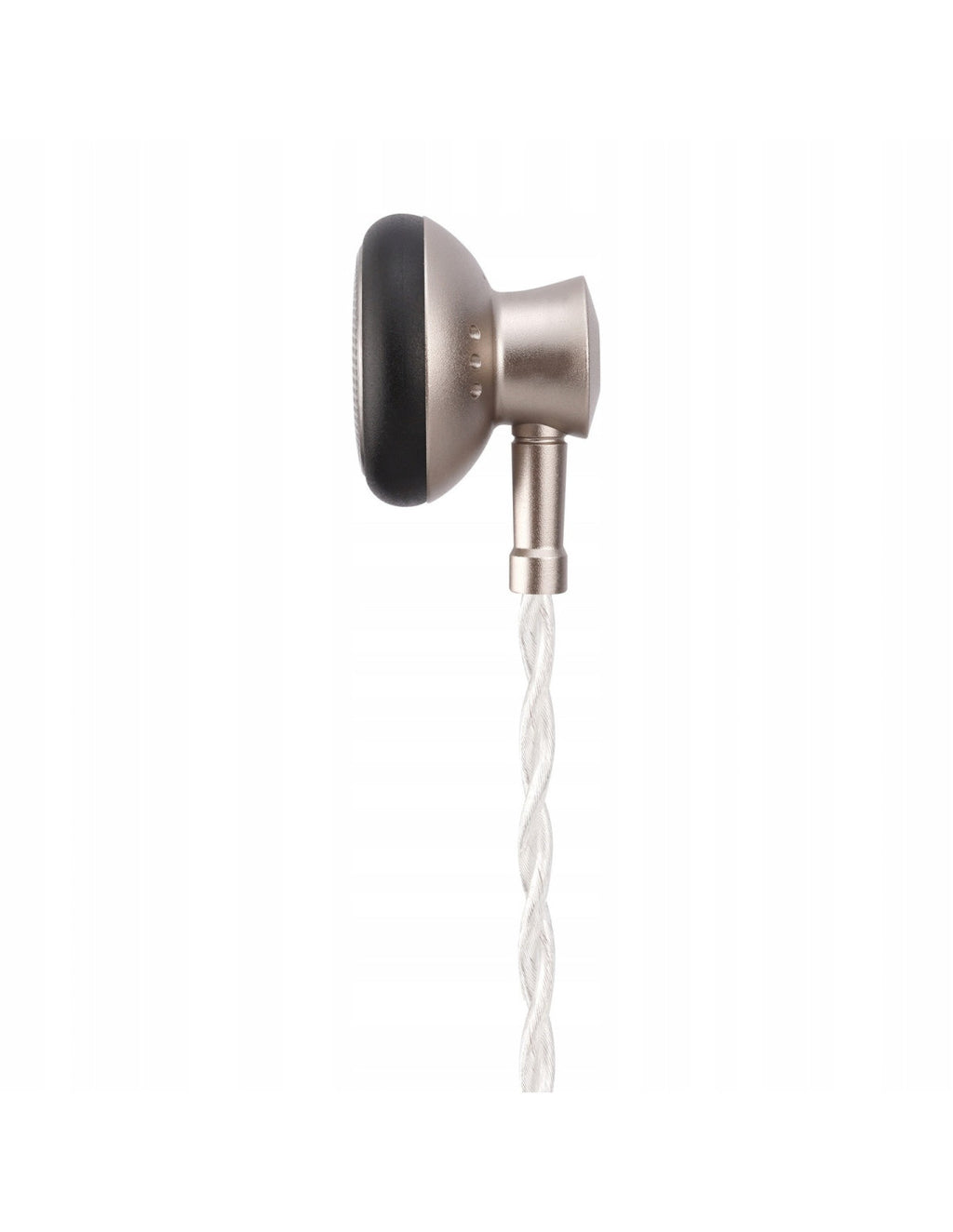 Wired in-ear earbuds with beige metal body and foam tip on braided cable