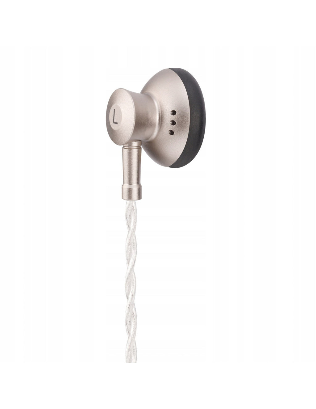 Wired in-ear earbuds with beige housings and black accents on braided cable