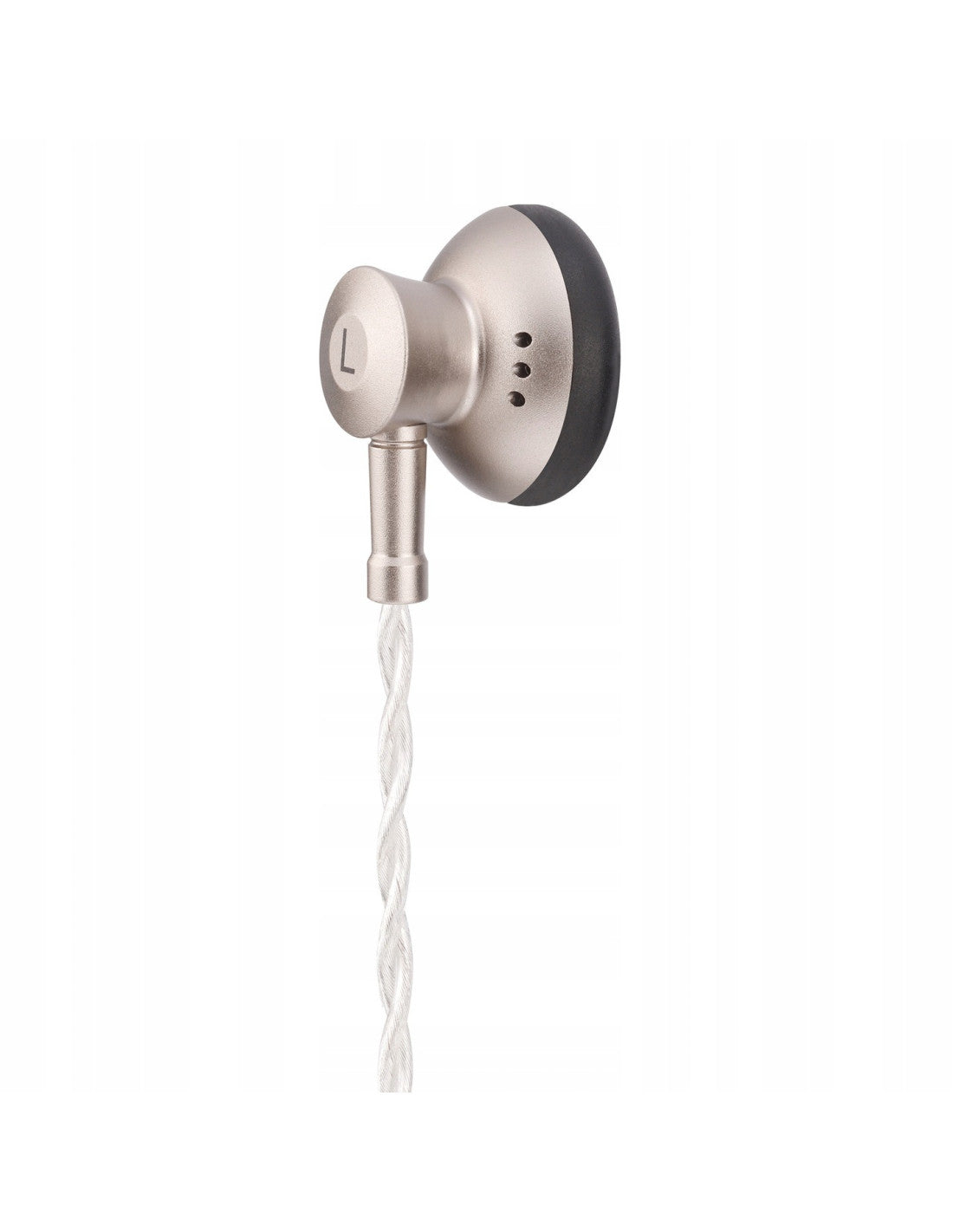 Wired in-ear earbuds with beige housings and black accents on braided cable
