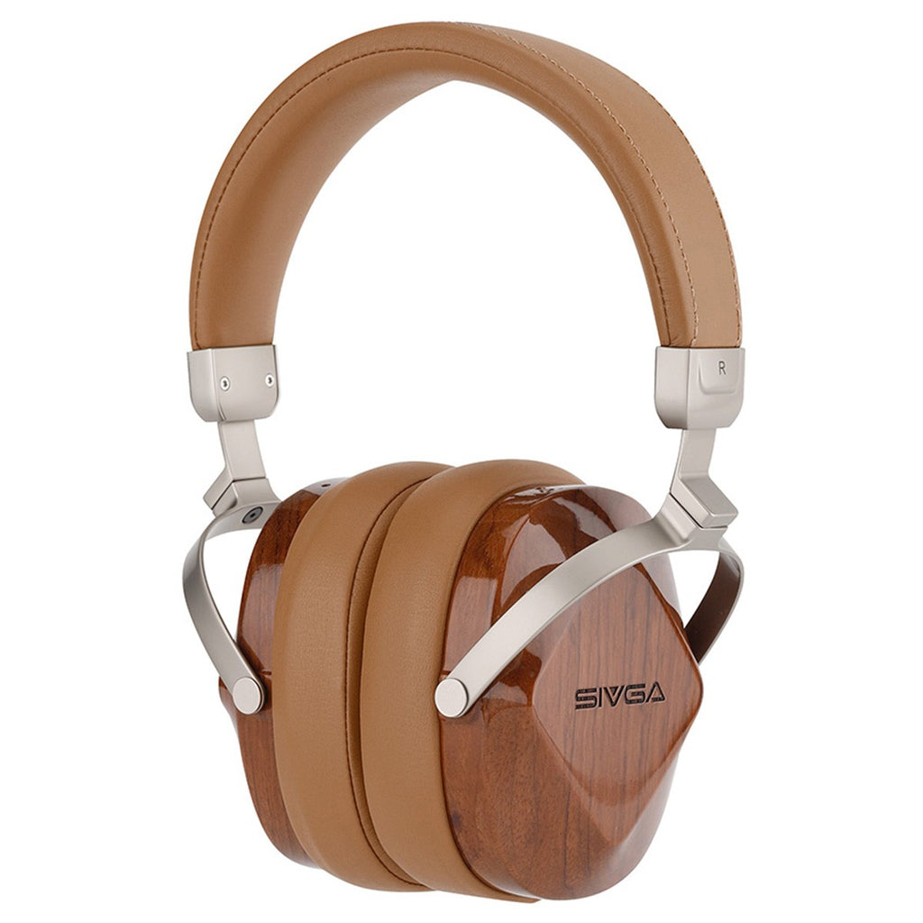 Over-ear headphones with tan leather-look padding, glossy brown wood-grain earcups, and silver metal headband supports, shown on a plain white background. The brand name 'SIVGA' is printed on the right earcup.