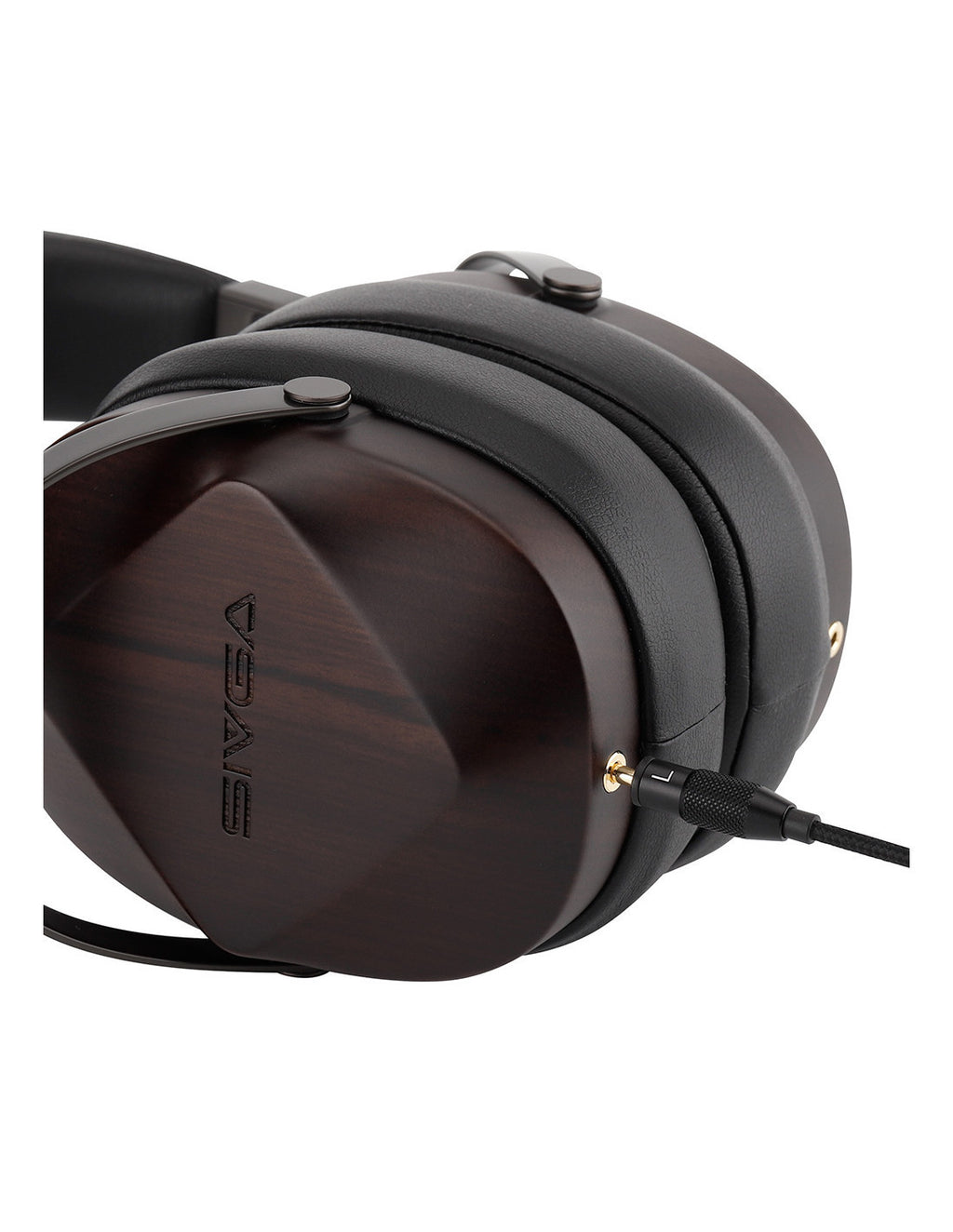 Close-up of a Sivga Oriole over-ear headphone earcup showing the dark brown wood grain finish, black cushioning, and a gold-plated connector pin on a white background.