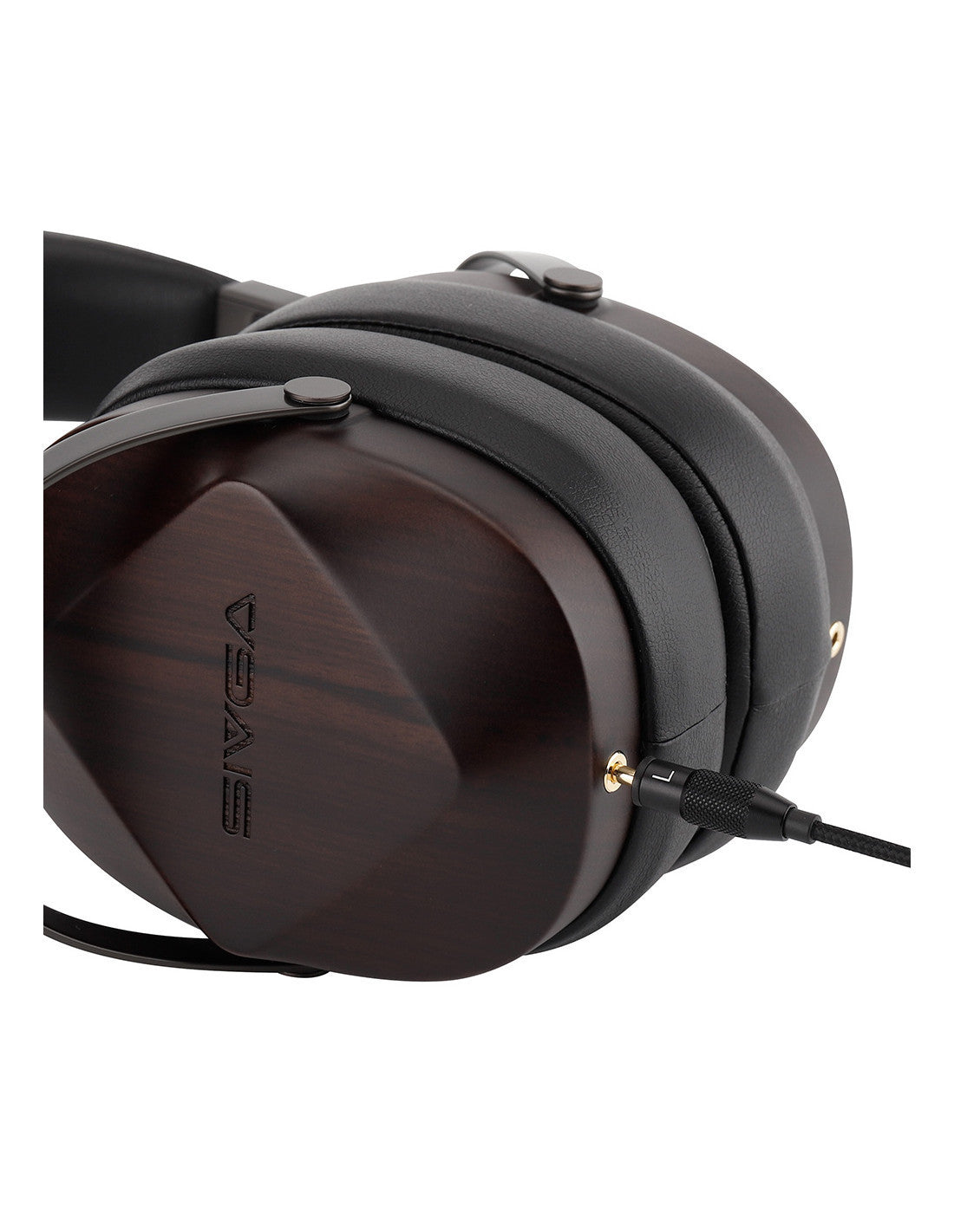 Close-up of a Sivga Oriole over-ear headphone earcup showing the dark brown wood grain finish, black cushioning, and a gold-plated connector pin on a white background.