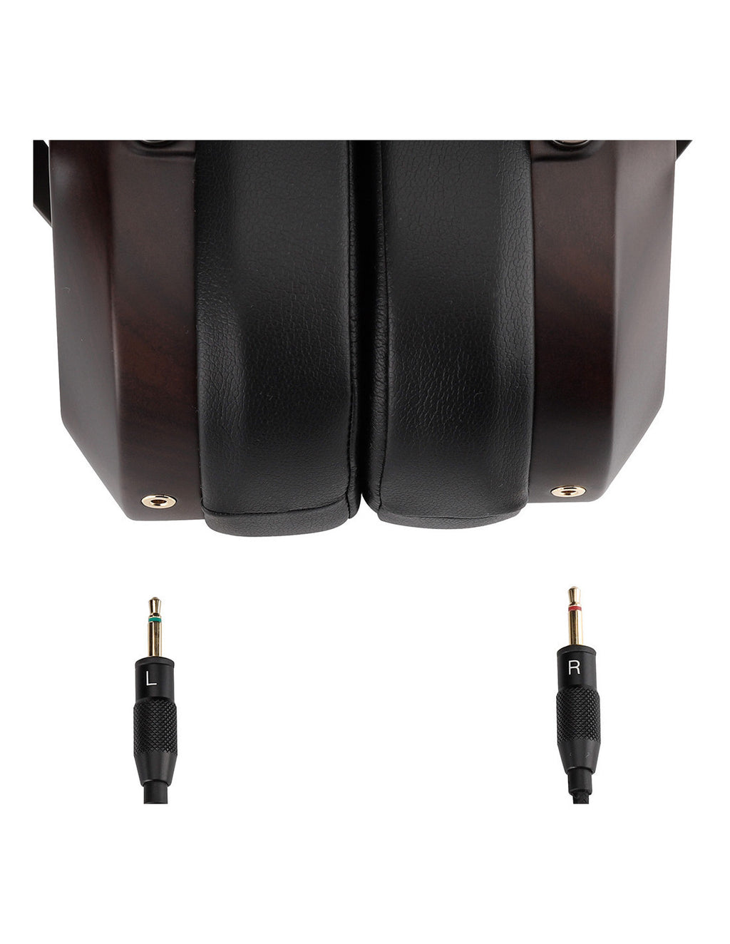 Close-up of a black over-ear headphone earcup with dark brown wood-grain side panels, shown above two small 3.5mm audio plug connectors labeled L and R on a white background.